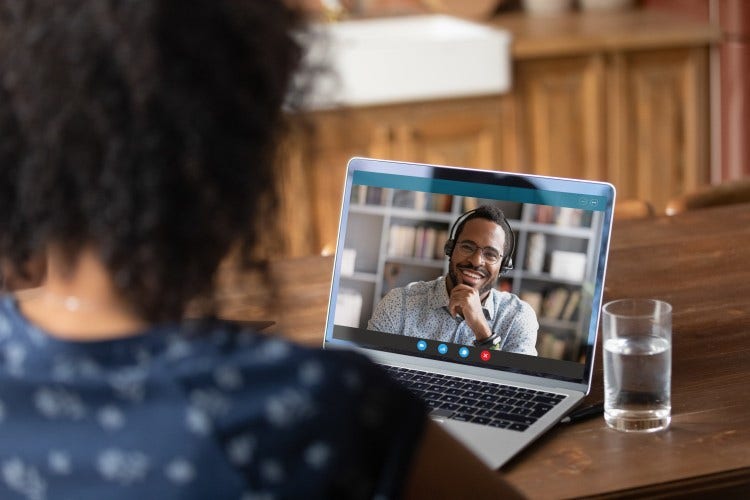 A patient speaks with a telehealth counselor online.